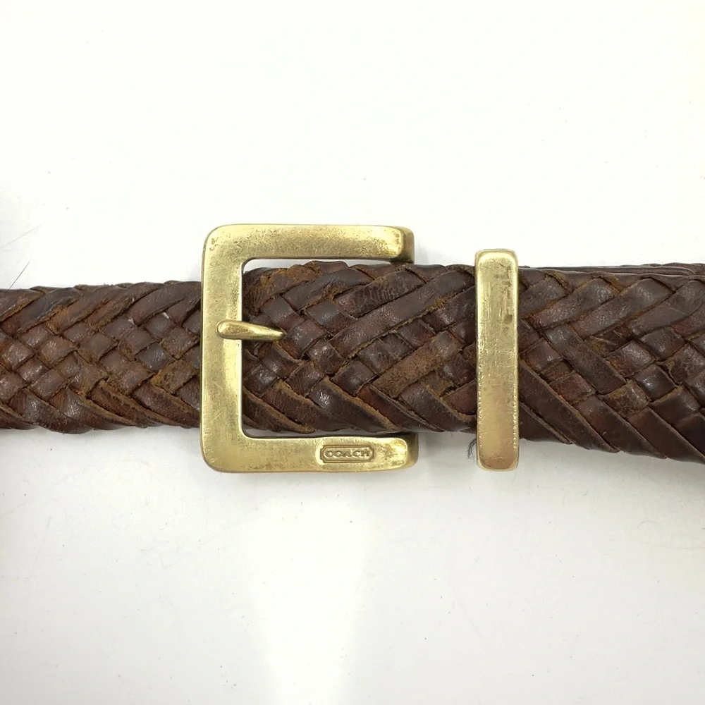 Coach Brown Leather Belt Mens 42 Woven Braided Classic Logo Brass Buckle Brown